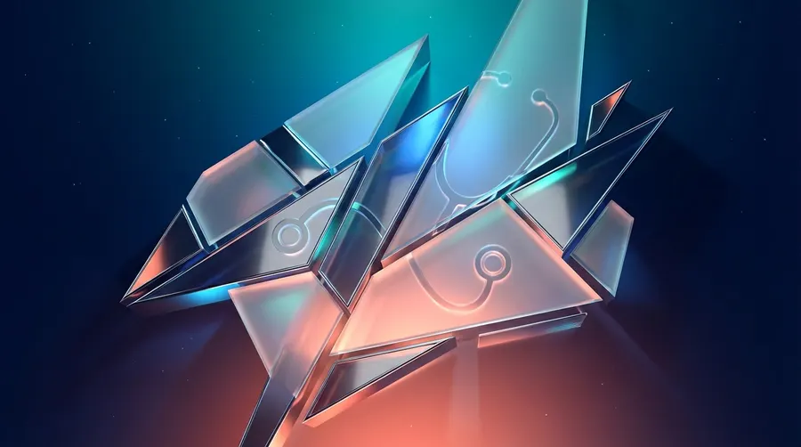 Abstract glass artwork with stethoscope motifs from the Savo Group healthcare marketing brand set