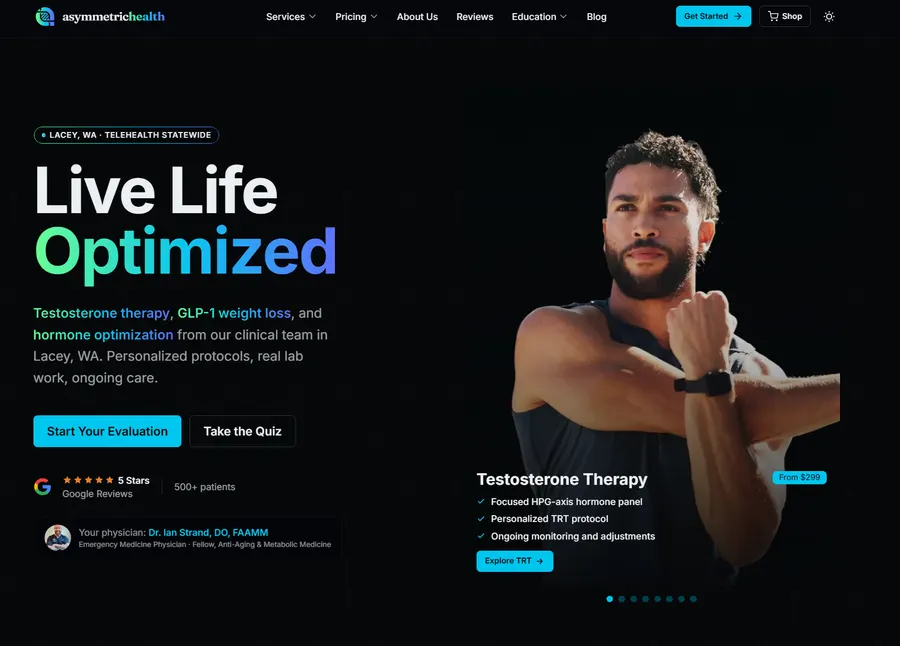 Asymmetric Health homepage, the Lacey, WA clinic website designed and hand-coded by Savo Group