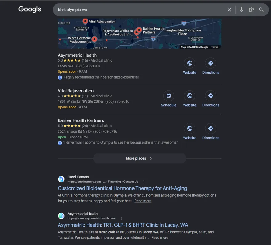 Google results for BHRT Olympia WA: Asymmetric Health first in the local pack with a 5.0-star rating and page-one organic