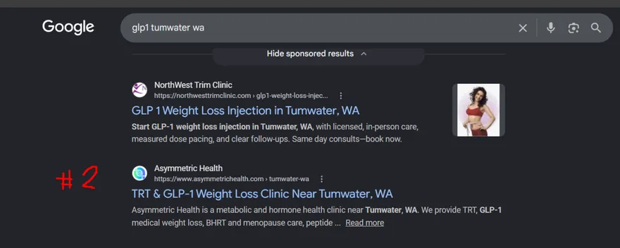 Google results for GLP-1 Tumwater WA: Asymmetric Health Tumwater page ranking organically