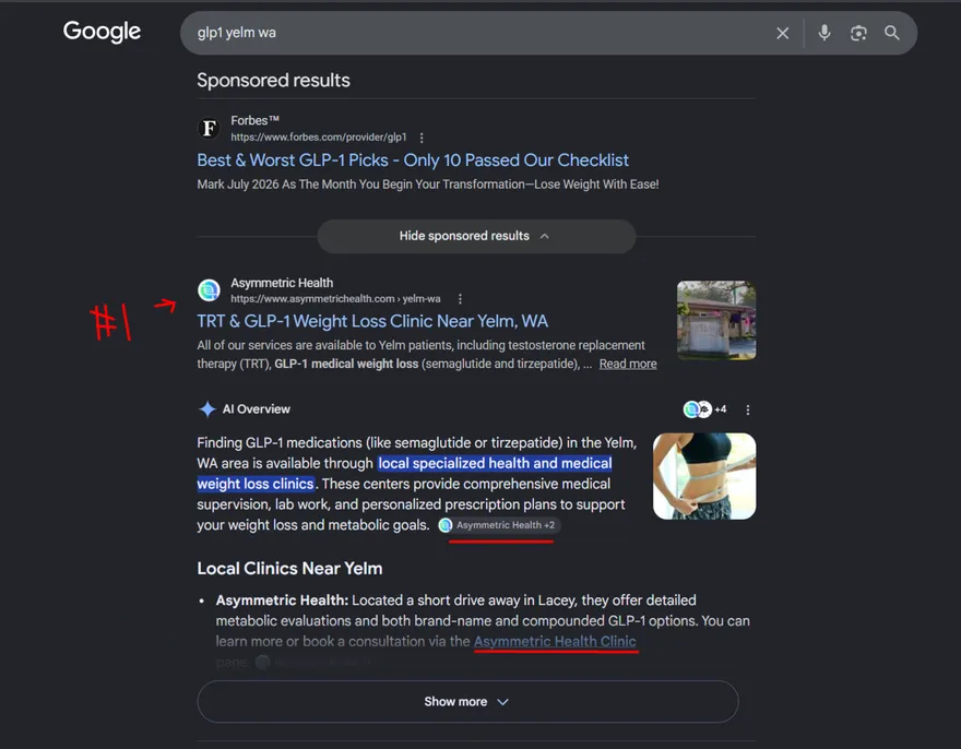 Google results for GLP-1 Yelm WA: Asymmetric Health Yelm page ranked number 1 and cited in the AI Overview list of local clinics