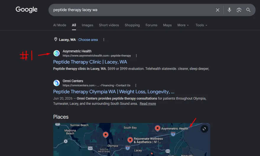 Google results for peptide therapy Lacey WA: Asymmetric Health ranked number 1 with the clinic pinned on the Places map