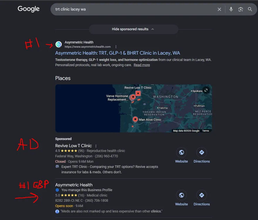 Google results for TRT clinic Lacey WA: Asymmetric Health number 1 organic result and top 5.0-star Google Business Profile