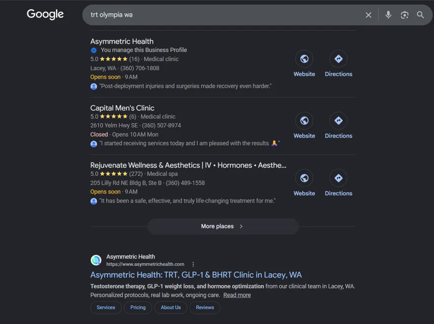 Google results for TRT Olympia WA: Asymmetric Health first in the local pack of medical clinics with its organic listing directly below